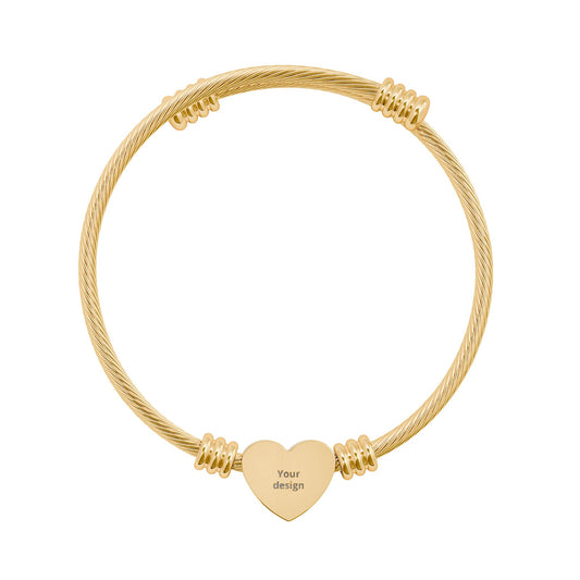 Engravable Heart Cuff Bracelet – Personalized Cable Wire Bangle (Silver or Gold)