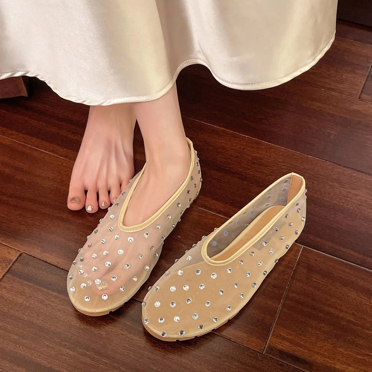 SANDRA | Crystal Mesh Ballet Flats | Fishnet Ballerinas Women