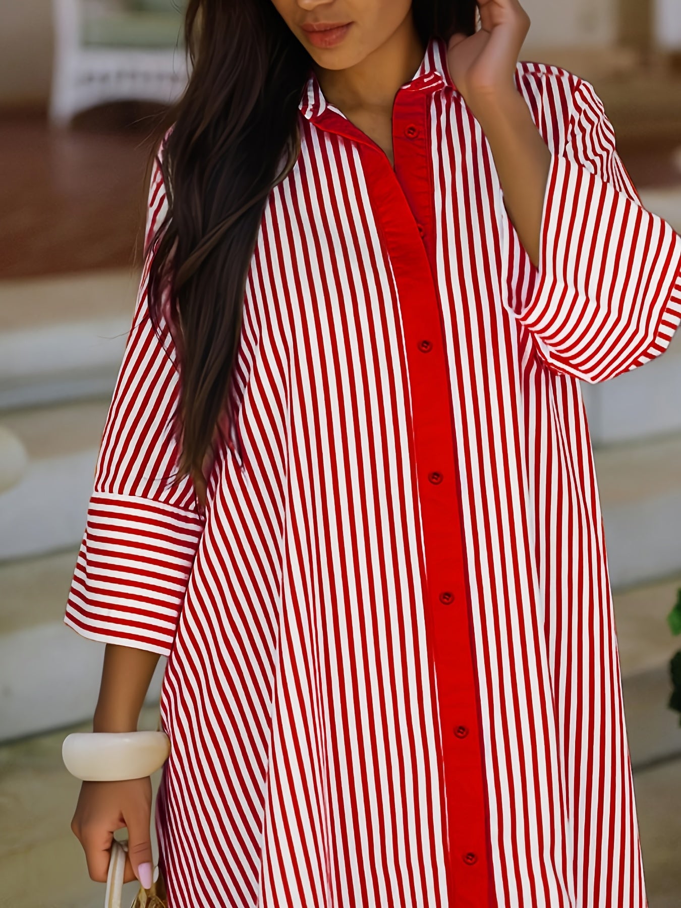 Women’s Elegant Striped Shirt Cape – Long Sleeve Button Shirt
