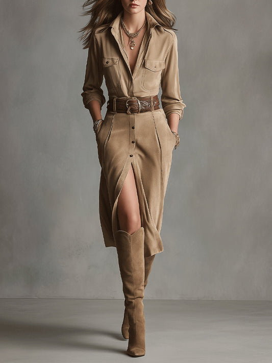 ALELIE WOMEN'S BROWN FASHION SUEDE MIDI DRESS