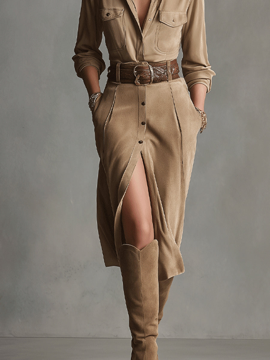 ALELIE WOMEN'S BROWN FASHION SUEDE MIDI DRESS