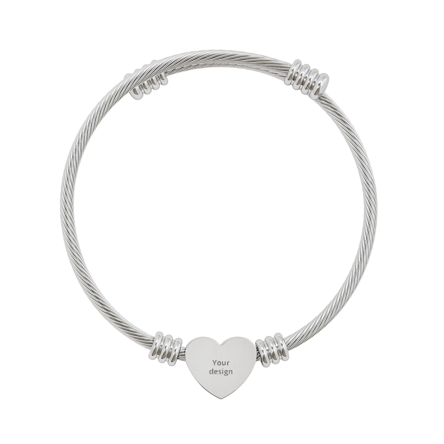 Engravable Heart Cuff Bracelet – Personalized Cable Wire Bangle (Silver or Gold)