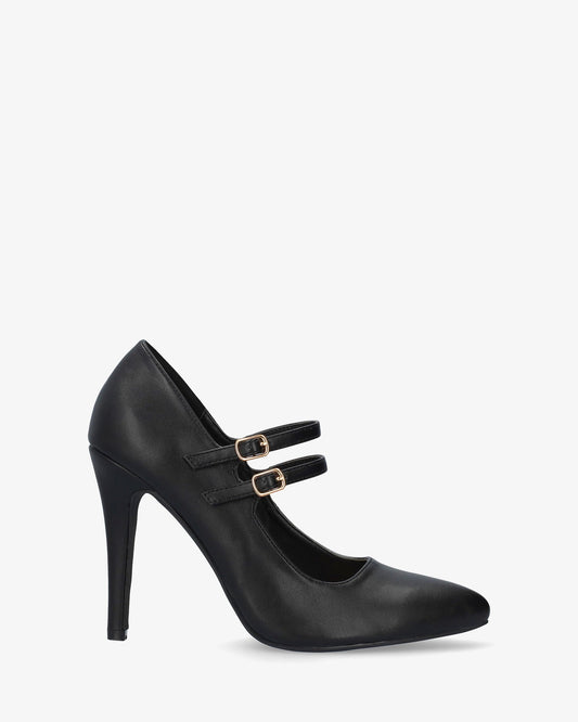 MARLOWE | Pointed Toe Mary Jane Heels | Double Strap Black