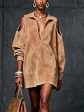 GINEVRA CAMEL FAUX SUEDE COLD-SHOULDER DRESS