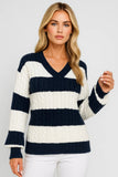 MIRELLE | V-NECK CABLE-KNIT STRIPED SWEATER