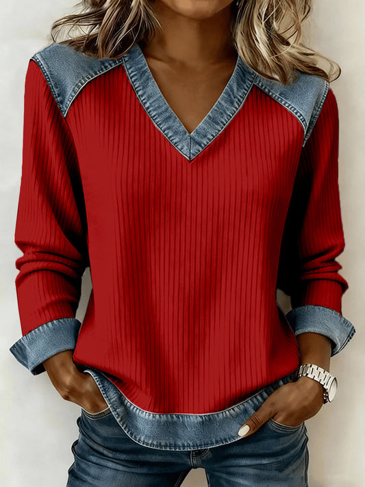PINE | CHRISTMAS-INSPIRED PATCHWORK ART V-NECK TOP
