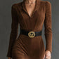 FELICITY RETRO WESTERN STYLE LAPEL FAUX SUEDE SLIT MIDI DRESS (INCLUDES BELT)