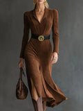 FELICITY RETRO WESTERN STYLE LAPEL FAUX SUEDE SLIT MIDI DRESS (INCLUDES BELT)