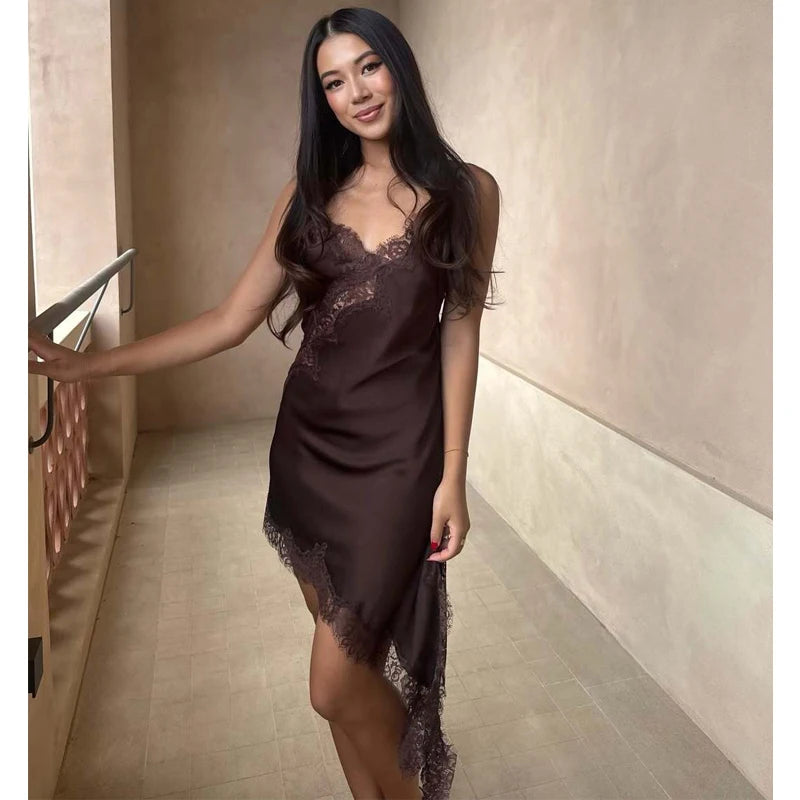 Women's Lace Satin Mini Dress – Asymmetrical Backless Sexy Party & Beach Dres