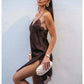 Women's Lace Satin Mini Dress – Asymmetrical Backless Sexy Party & Beach Dres