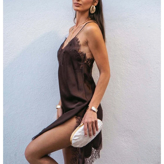 Women's Lace Satin Mini Dress – Asymmetrical Backless Sexy Party & Beach Dres