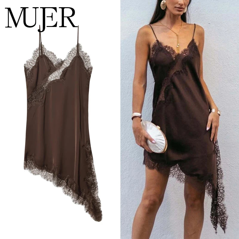 Women's Lace Satin Mini Dress – Asymmetrical Backless Sexy Party & Beach Dres