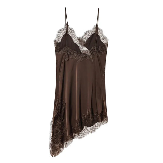 Women's Lace Satin Mini Dress – Asymmetrical Backless Sexy Party & Beach Dres