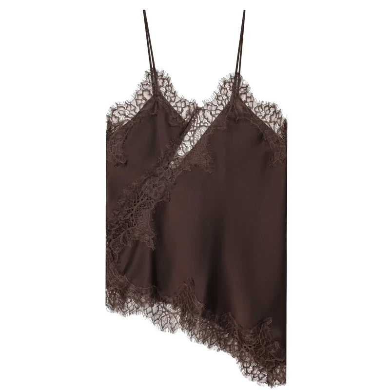 Women's Asymmetrical Lace Cami Top – Sleeveless Backless Y2K Slip Tank