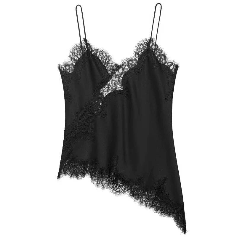 Women's Asymmetrical Lace Cami Top – Sleeveless Backless Y2K Slip Tank