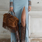 OPHELIO WESTERN HALF-ZIP EMBROIDERED FAUX SUEDE FRINGE MAXI DRESS