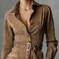 MARIGOLD SUEDE SINGLE BREASTED LAPEL LONG SLEEVE MIDI DRESS (INCLUDES BELT)
