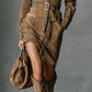 MARIGOLD SUEDE SINGLE BREASTED LAPEL LONG SLEEVE MIDI DRESS (INCLUDES BELT)