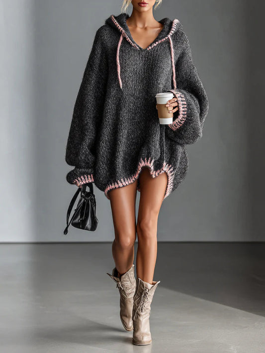 EIRYA LOOSE-FITTING HOODED PINK-TRIMMED KNITTED MINI DRESS
