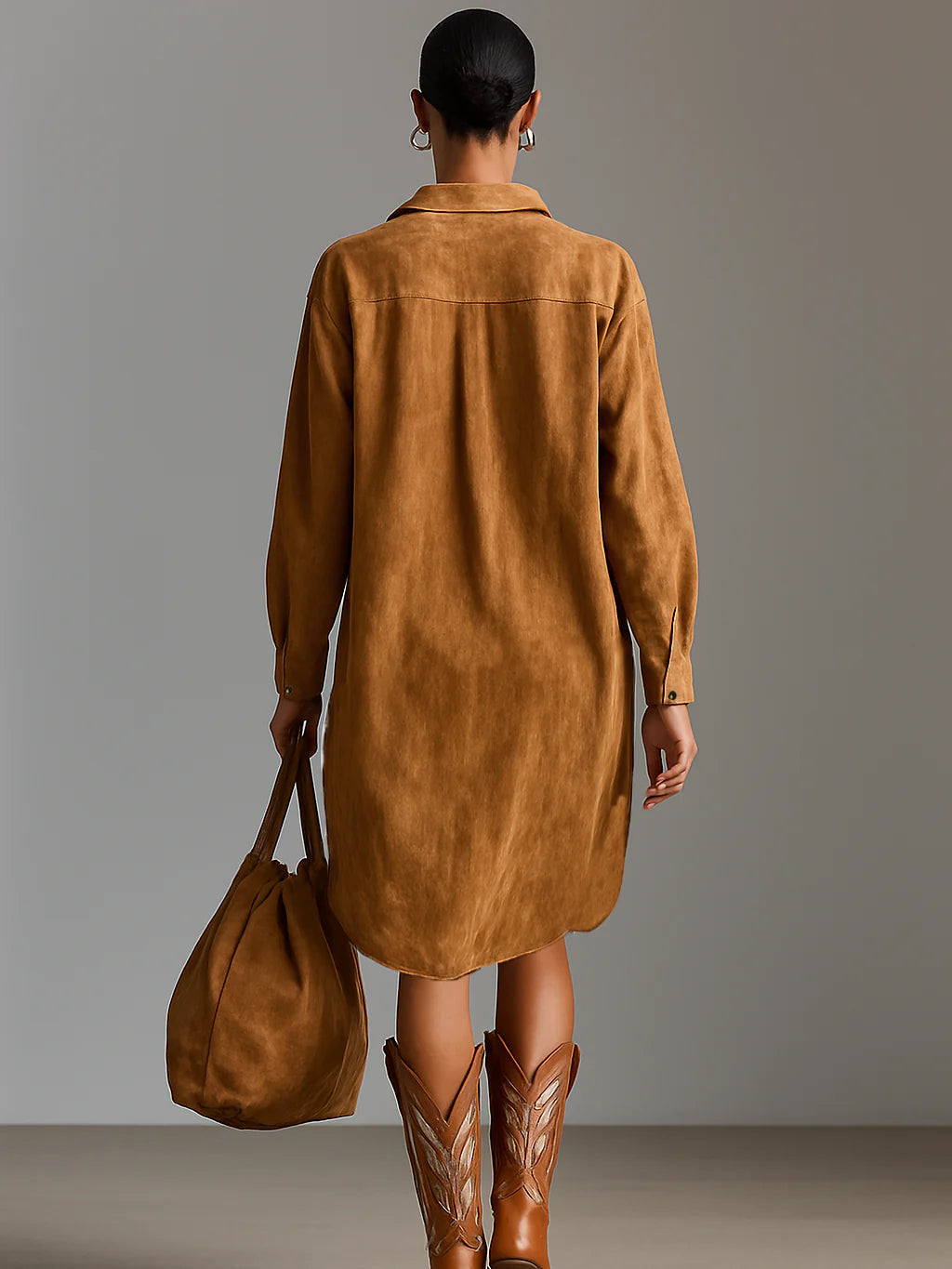 SYBIL LOOSE LAPEL V-NECK PRINTED LONG-SLEEVED MIDI DRESS