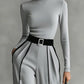 REFINED HIGH-NECK TOP & WIDE-LEG PANTS SET (FREE BELT)
