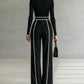 REFINED HIGH-NECK TOP & WIDE-LEG PANTS SET (FREE BELT)