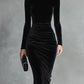 VERITY BLACK VELVET ELEGANT HIGH-NECK BODYCON DRESS