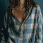 SELENIE BLUE AND WHITE LOOSE PLAID HENLEY NECK LONG SLEEVE MINI DRESS