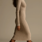BEATRIX BEIGE RIBBED KNIT LAPEL MIDI DRESS