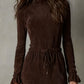 CECILY ELEGANT DARK BROWN SUEDE DRAWSTRING IRREGULAR MIDI DRESS