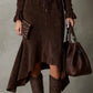CECILY ELEGANT DARK BROWN SUEDE DRAWSTRING IRREGULAR MIDI DRESS