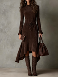 CECILY ELEGANT DARK BROWN SUEDE DRAWSTRING IRREGULAR MIDI DRESS