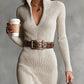 DELPHINO SLIM FIT HALF TURTLENECK V-NECK LONG SLEEVE KNITTED BELTED MIDI DRESS