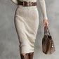 DELPHINO SLIM FIT HALF TURTLENECK V-NECK LONG SLEEVE KNITTED BELTED MIDI DRESS