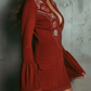 AUROLIA VINTAGE RUST RED BELL SLEEVE EMBROIDERED FAUX SUEDE LACE MINI DRESS