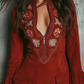 AUROLIA VINTAGE RUST RED BELL SLEEVE EMBROIDERED FAUX SUEDE LACE MINI DRESS