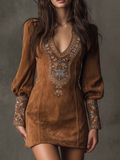 IZOLDA VINTAGE BROWN V-NECK SUEDE EMBROIDERED MINI DRESS