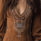 IZOLDA VINTAGE BROWN V-NECK SUEDE EMBROIDERED MINI DRESS