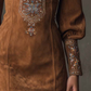 IZOLDA VINTAGE BROWN V-NECK SUEDE EMBROIDERED MINI DRESS