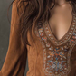 IZOLDA VINTAGE BROWN V-NECK SUEDE EMBROIDERED MINI DRESS