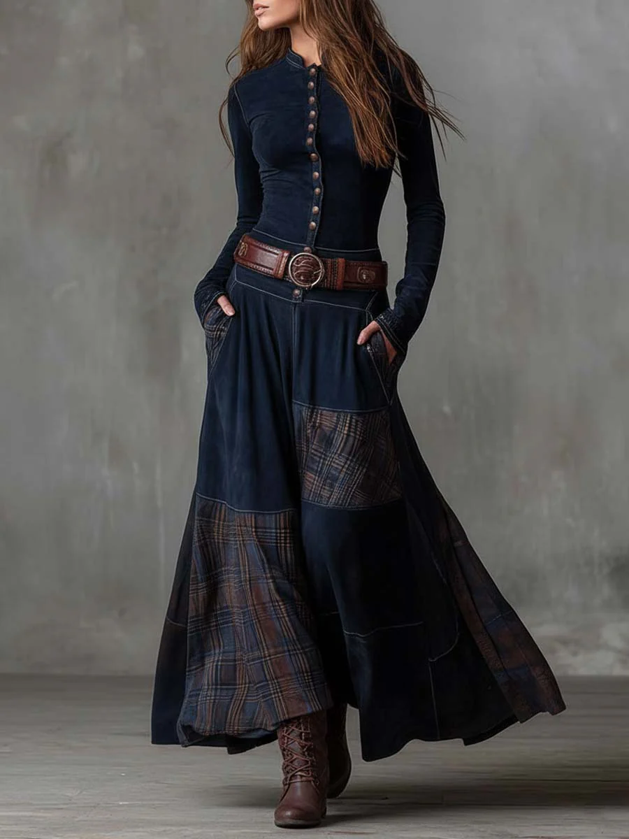 LEONE | VINTAGE LONG SUEDE CHECKERED DRESS (INCLUDES BELT)