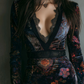 SARAH | FLORAL PRINT MINI DRESS WITH V-NECK, VELVET LACE TRIM, AND SLIM FIT