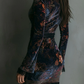 SARAH | FLORAL PRINT MINI DRESS WITH V-NECK, VELVET LACE TRIM, AND SLIM FIT
