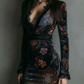 SARAH | FLORAL PRINT MINI DRESS WITH V-NECK, VELVET LACE TRIM, AND SLIM FIT