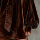 CELESTE DARK BROWN VELVET MINI DRESS WITH BOW AND LANTERN SLEEVES