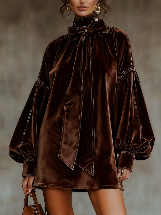 CELESTE DARK BROWN VELVET MINI DRESS WITH BOW AND LANTERN SLEEVES