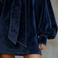 LIORA DARK BLUE VELVET MINI DRESS WITH BOW AND LANTERN SLEEVES