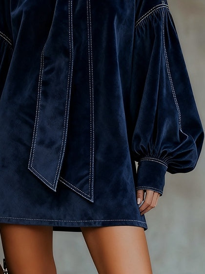 LIORA DARK BLUE VELVET MINI DRESS WITH BOW AND LANTERN SLEEVES