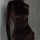 IZLA | CHOCOLATE VELVET TURTLENECK WITH LACE HEM AND FITTED MINI DRESS
