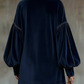 LIORA DARK BLUE VELVET MINI DRESS WITH BOW AND LANTERN SLEEVES